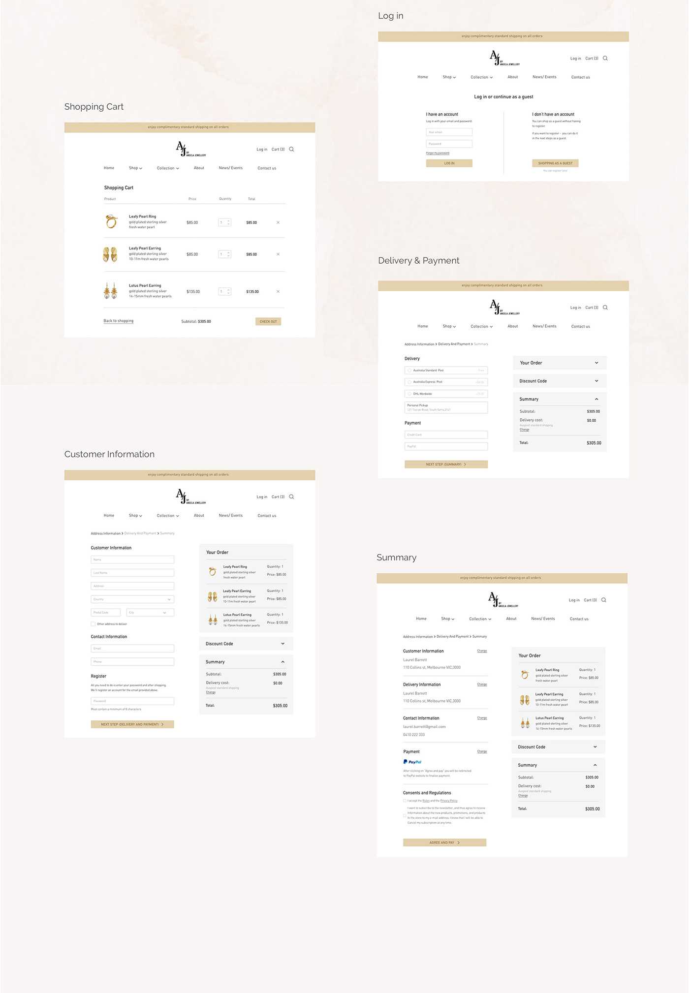 AJ by Angela Jewellery checkout flow UI design — cart, login, customer information, delivery, payment and summary