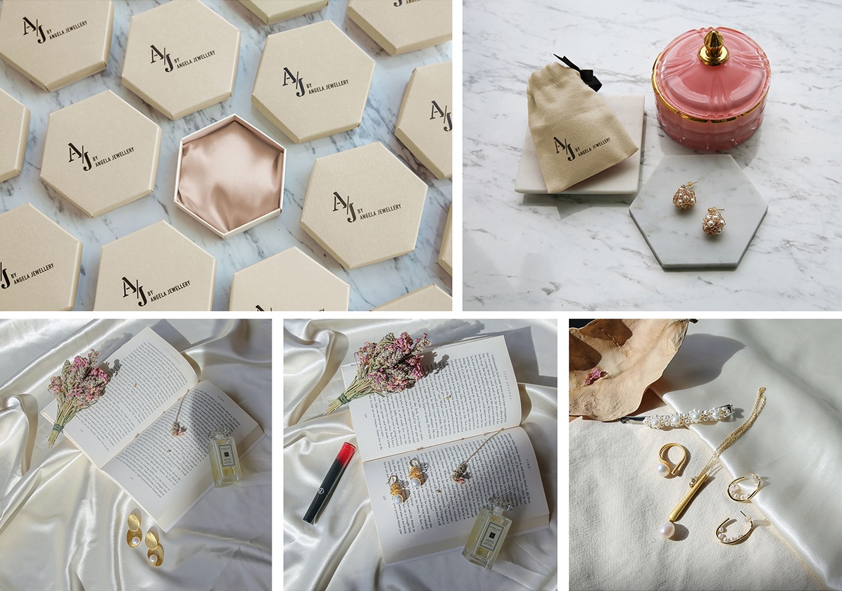AJ by Angela Jewellery product and packaging photography collage