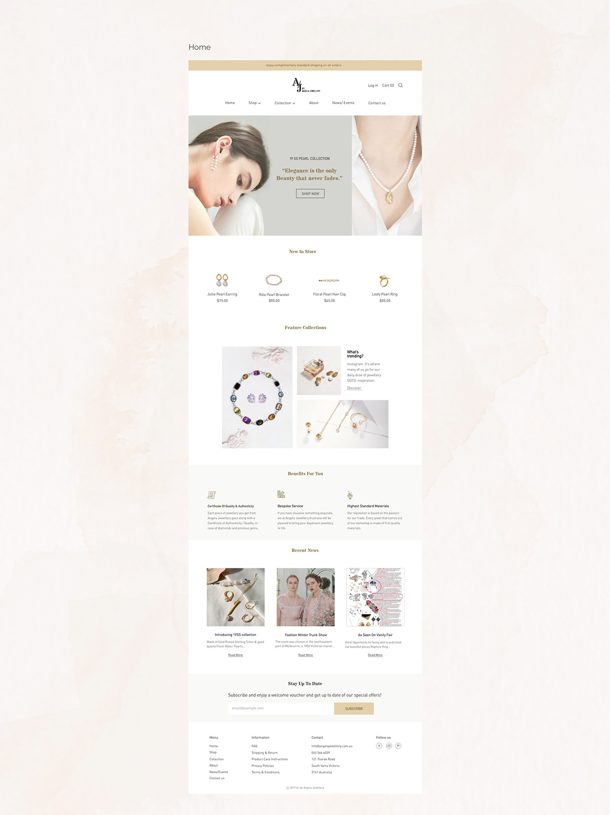 AJ by Angela Jewellery home page UI design