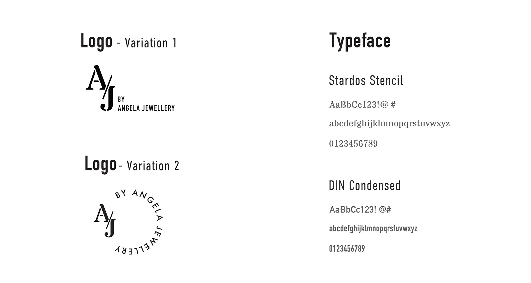 AJ logo variations and typefaces — Stardos Stencil and DIN Condensed