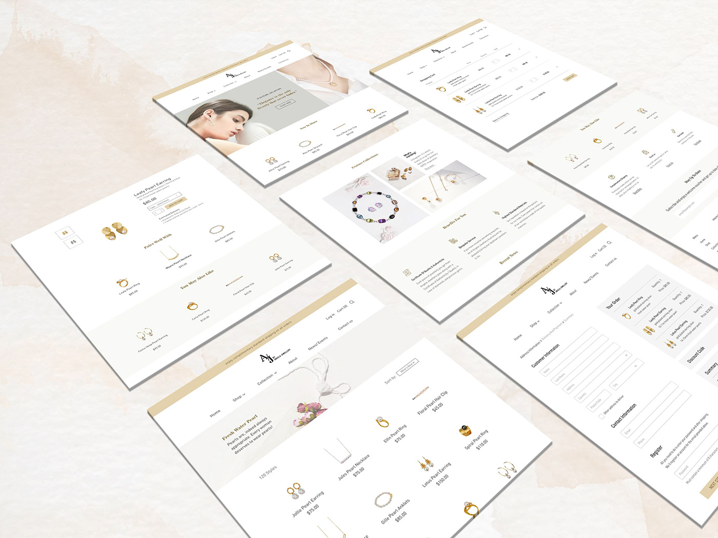 AJ by Angela Jewellery website pages shown in an isometric mockup display