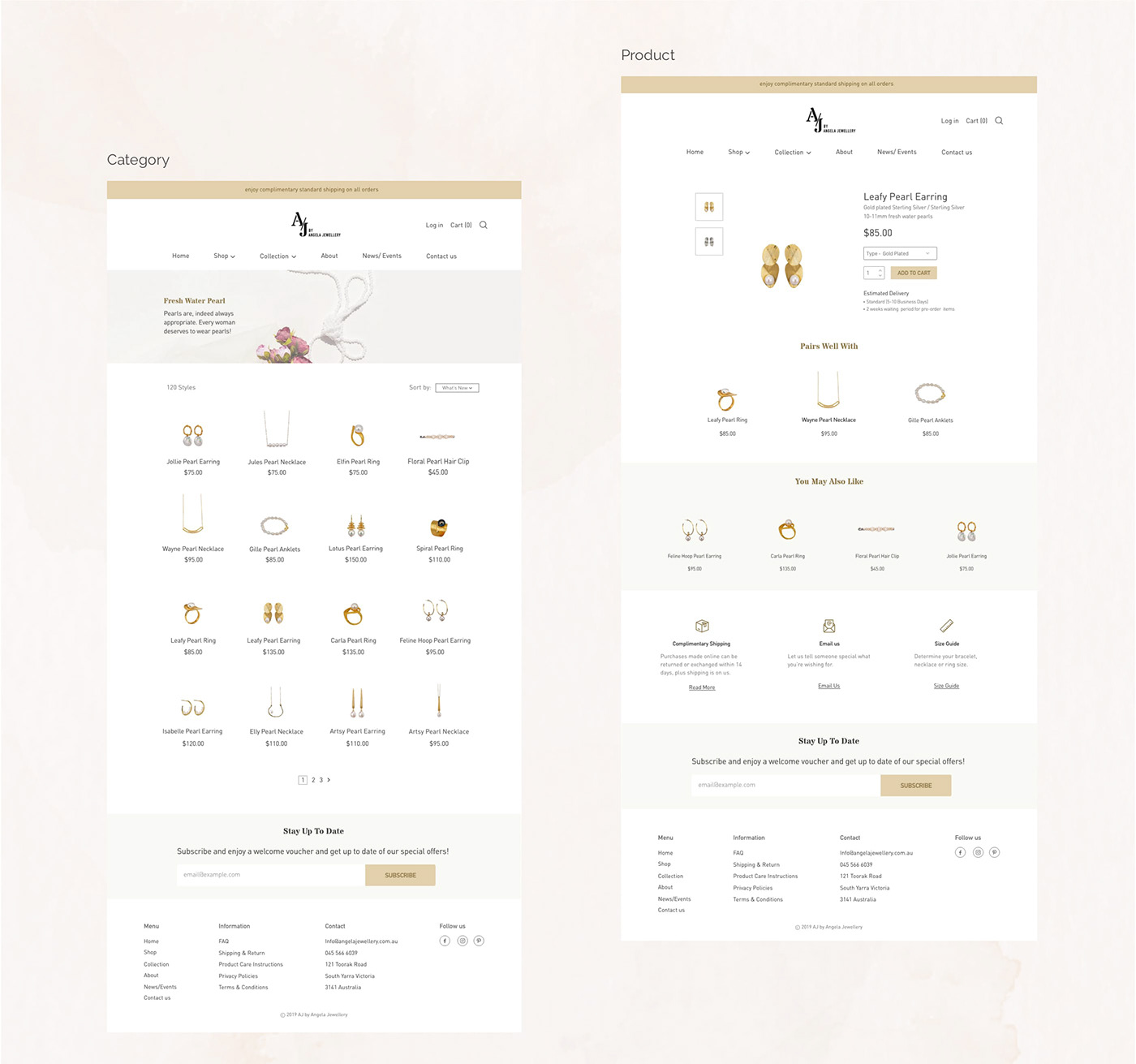 AJ by Angela Jewellery category and product page UI design