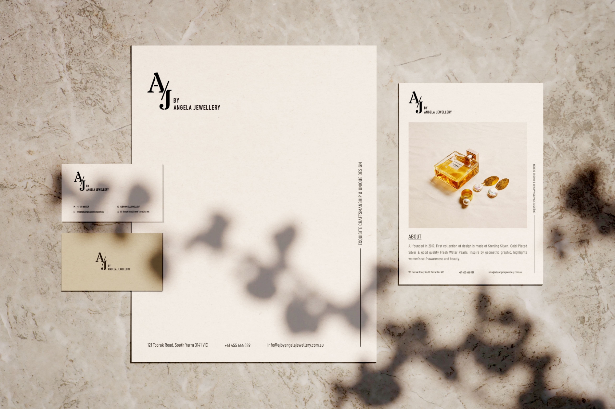 AJ by Angela Jewellery stationery — letterhead, business cards and brand sheet