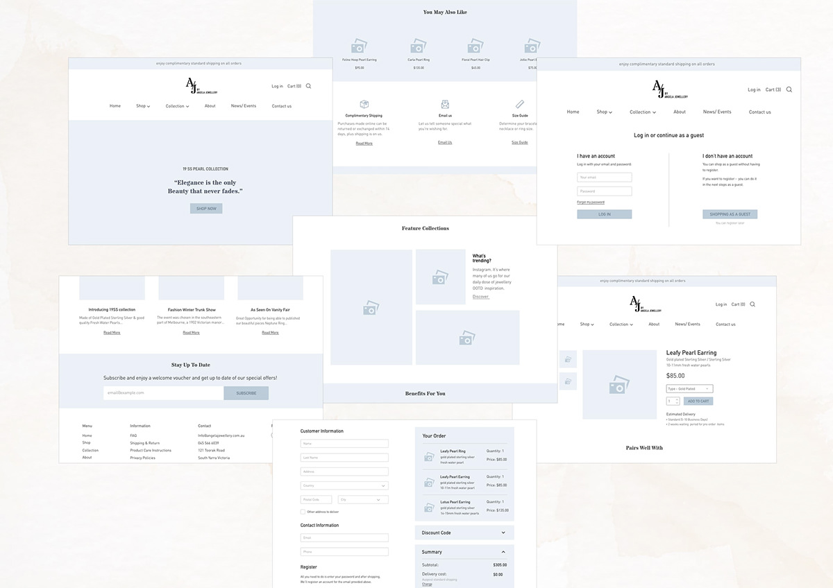 AJ by Angela Jewellery website wireframes — home, collection, product and checkout layouts