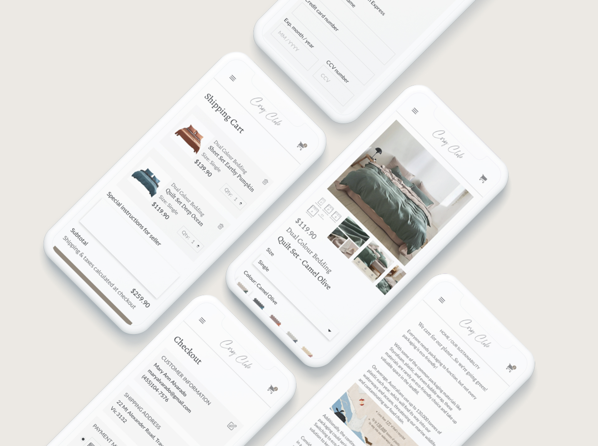 Cosy Club website on mobile — product, cart and checkout screens