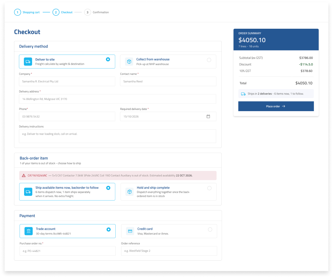 Checkout screen with delivery, back-order, and payment options