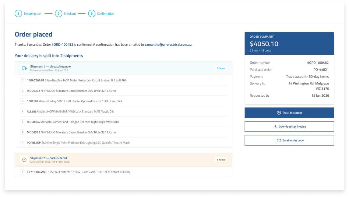 Order confirmation screen with split-shipment tracking