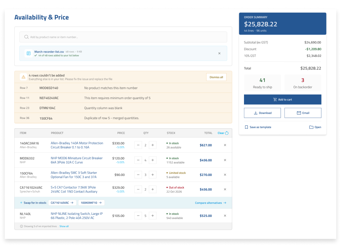 Bulk CSV upload screen listing matched items and flagged errors