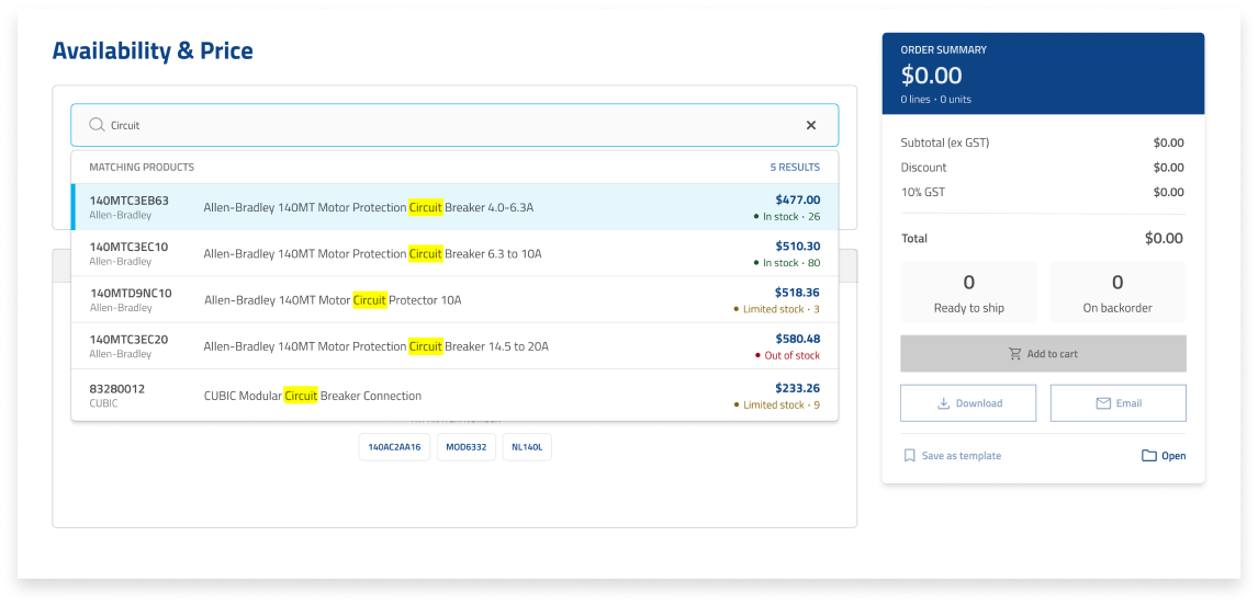 Predictive search showing live suggestions with stock status