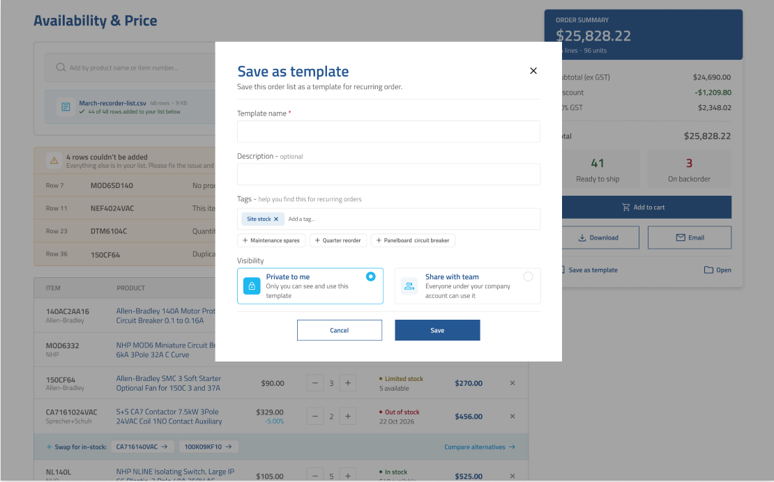 Save as template screen with tag and share options
