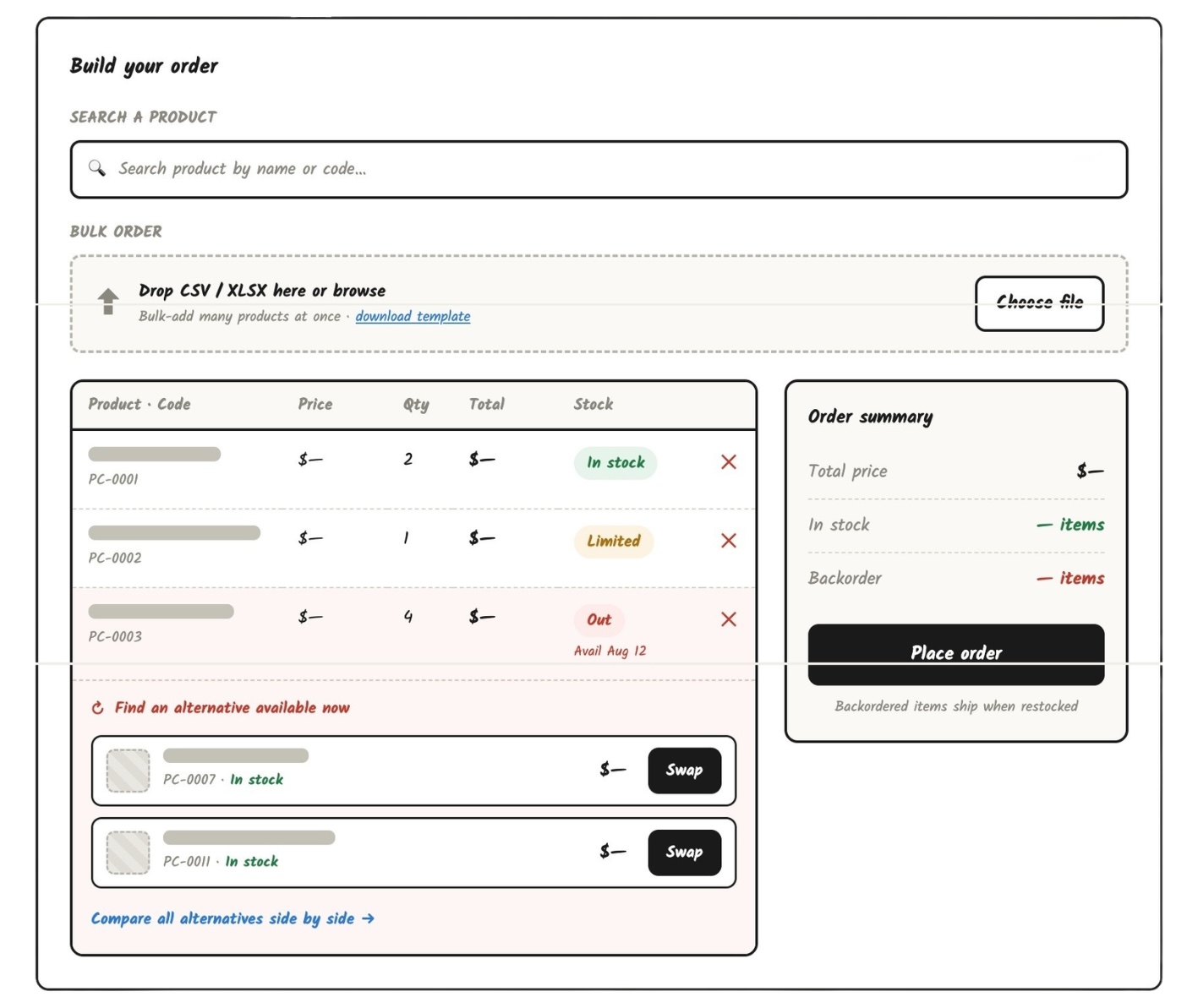 Wireframe of the order builder listing matched products with price, quantity, stock status and inline alternatives