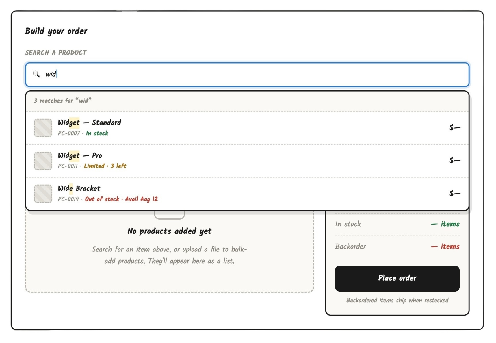 Wireframe of predictive search showing live suggestions with stock status as the user types