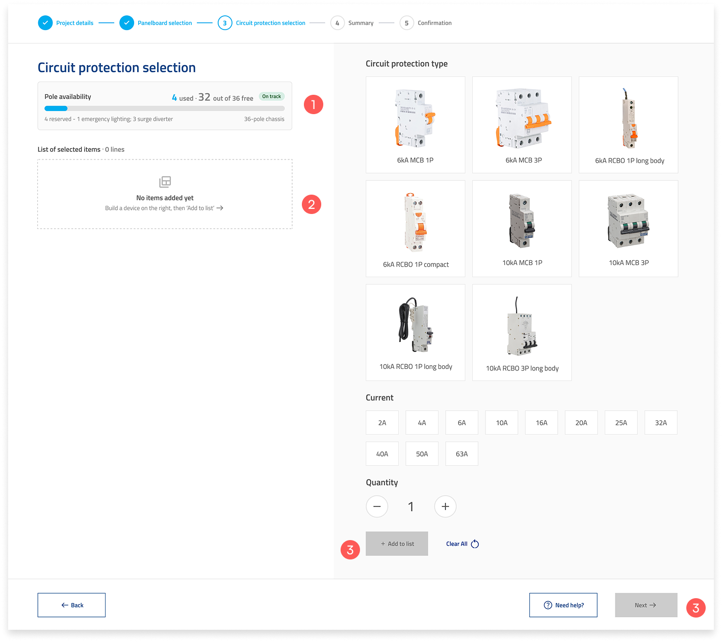 Circuit protection selection screen