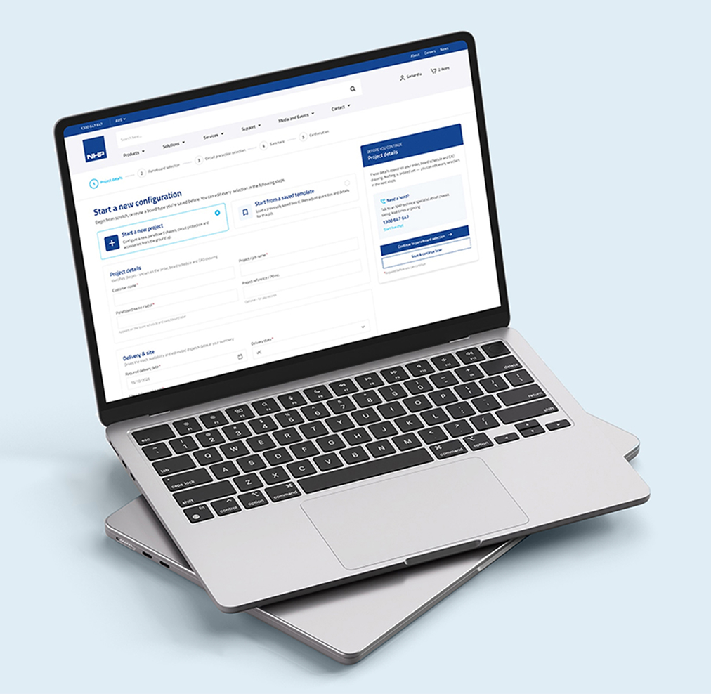 NHP panelboard configurator shown on a laptop