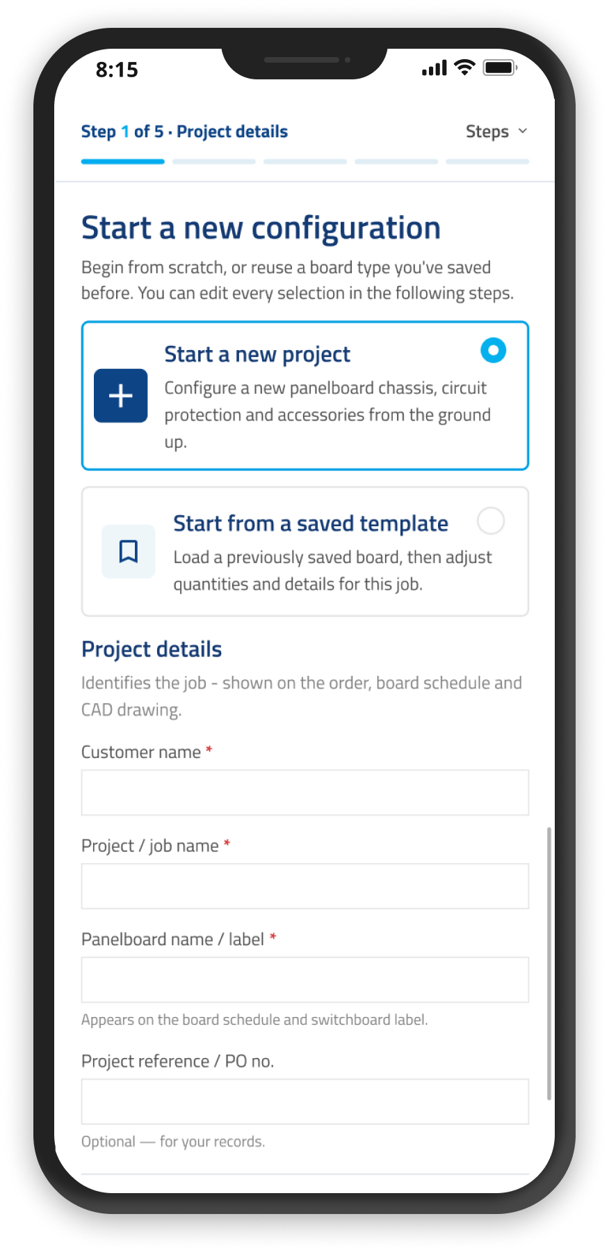 Mobile — start a new configuration