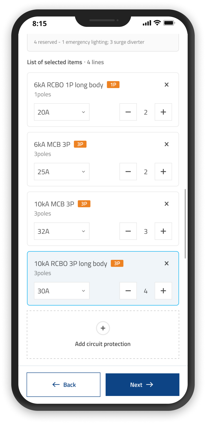 Mobile — list of selected items