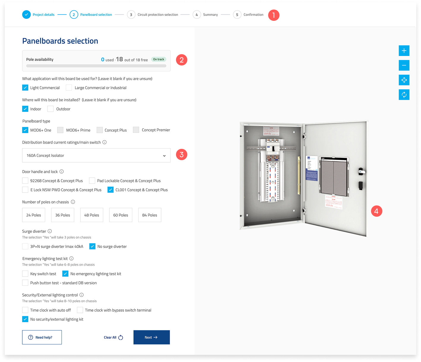 Panelboard selection screen