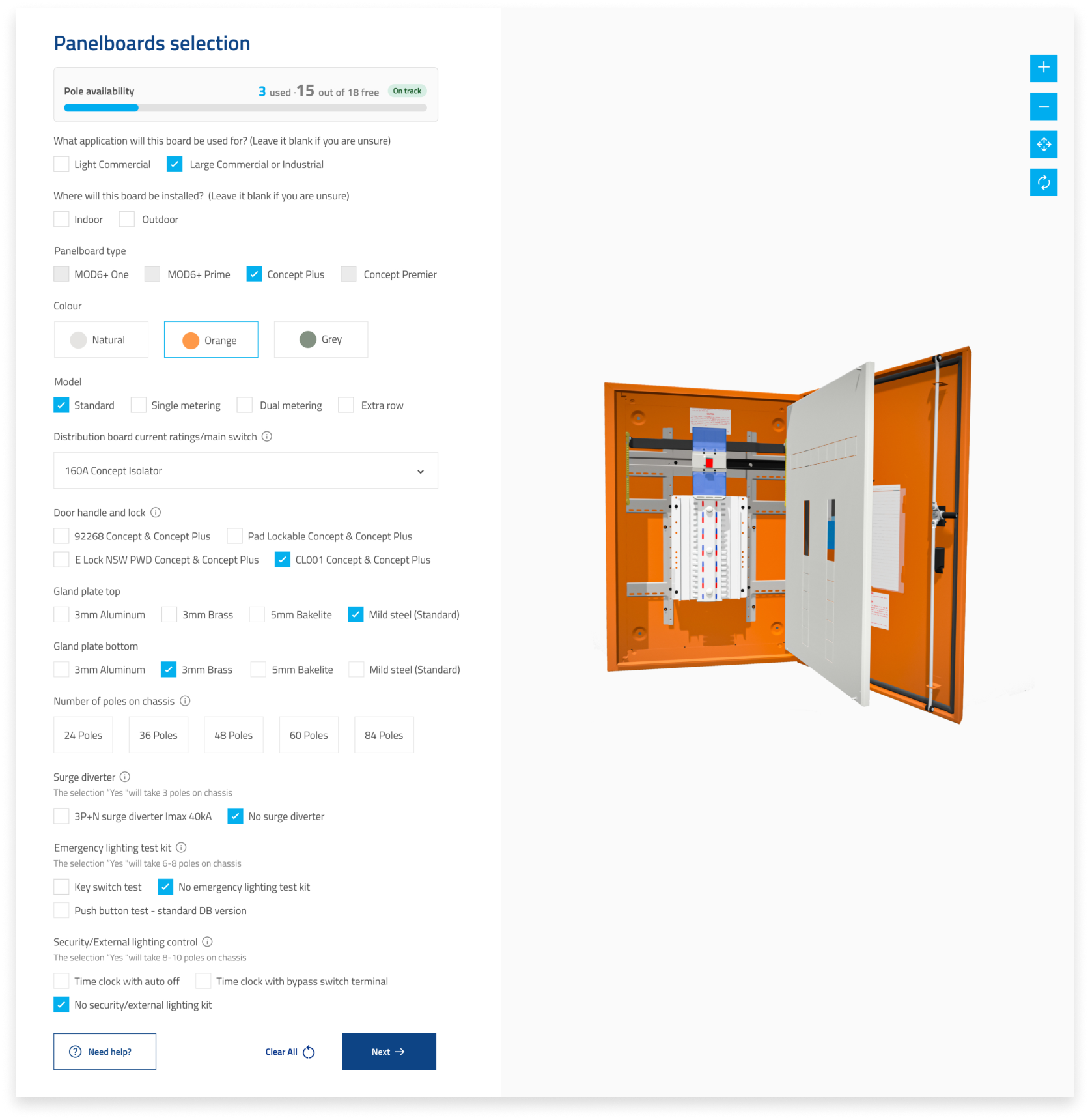 Panelboard selection screen